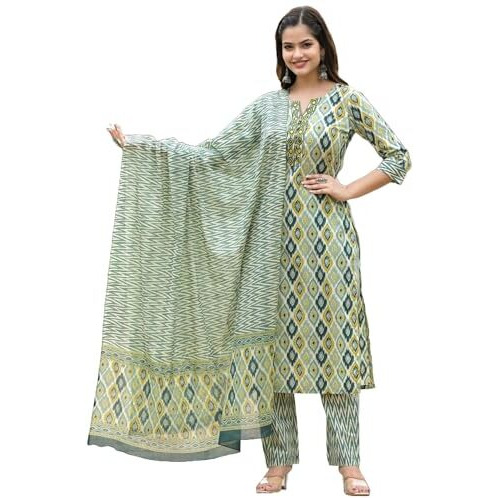 ANNI DESIGNER Women's Cotton Blend Straight Printed Kurta with Pant & Dupatta (Guvati Green_S_Green_Small)