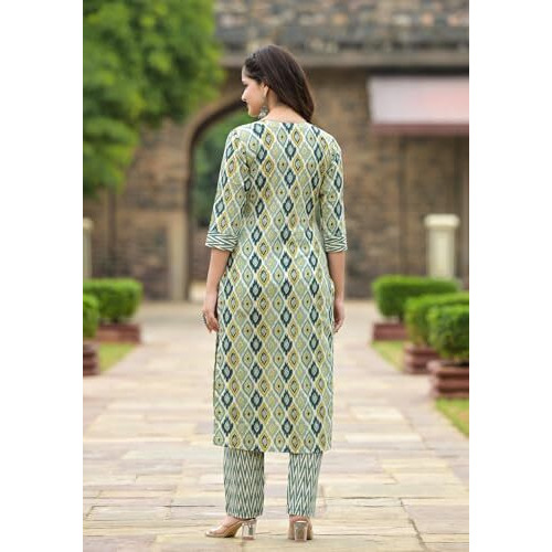 ANNI DESIGNER Women's Cotton Blend Straight Printed Kurta with Pant & Dupatta (Guvati Green_S_Green_Small)