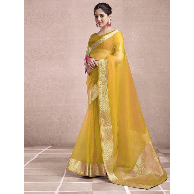 SAMAH Women's Woven Organza Saree (3644S425N_Yellow)