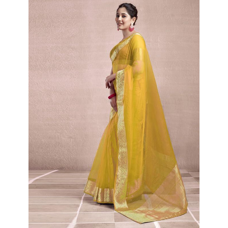 SAMAH Women's Woven Organza Saree (3644S425N_Yellow)