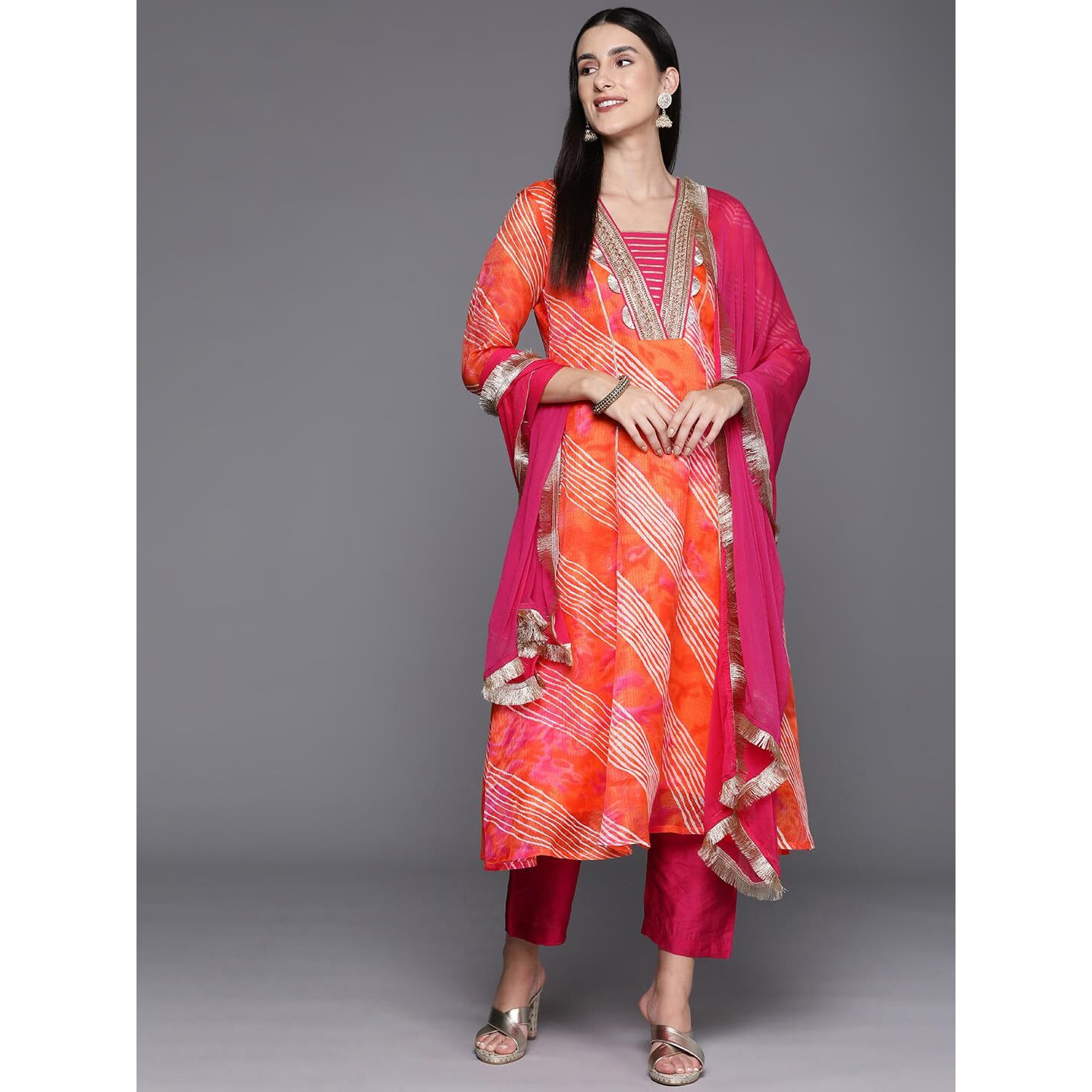 Varanga Women's Cotton Skater Kurta, Kurta Bottom Set, and Dupatta Set  Comfortable & Stylish Ethnic Wear for All-Day Wear in Vibrant Orange and Pink with Intricate Detailing (Small)