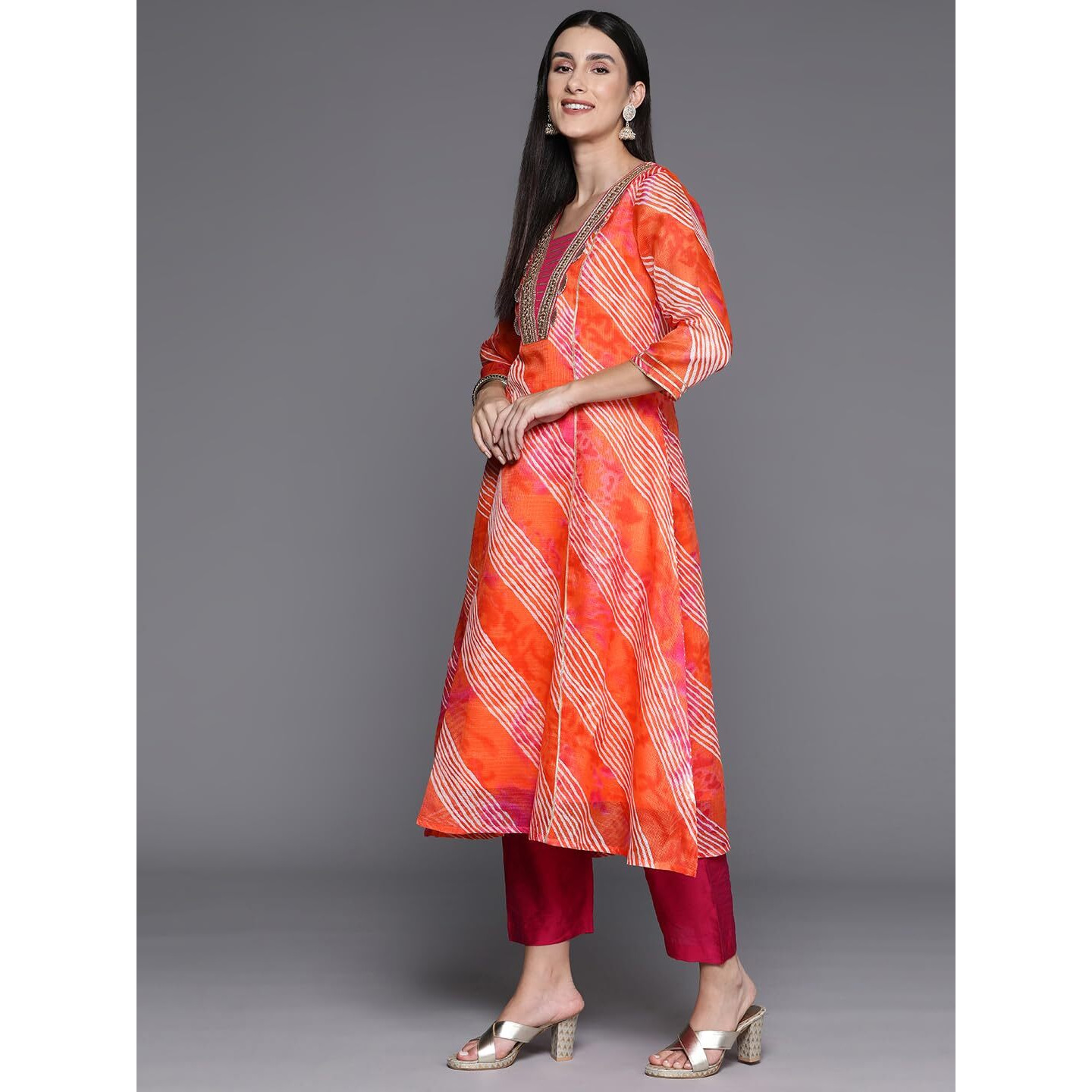 Varanga Women's Cotton Skater Kurta, Kurta Bottom Set, and Dupatta Set  Comfortable & Stylish Ethnic Wear for All-Day Wear in Vibrant Orange and Pink with Intricate Detailing (Small)