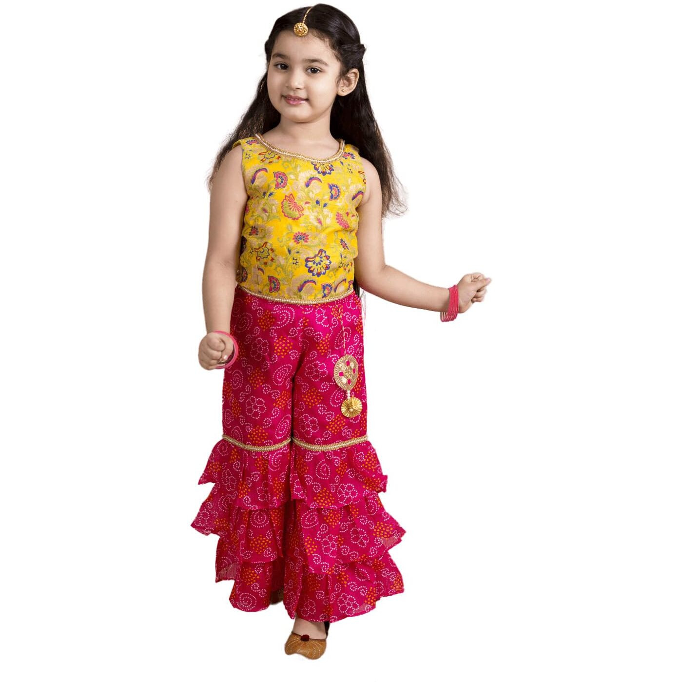 Pspeaches Girl's Cotton Kurta & Sharara (SHA-Magnta bandhej-8-10_Magenta