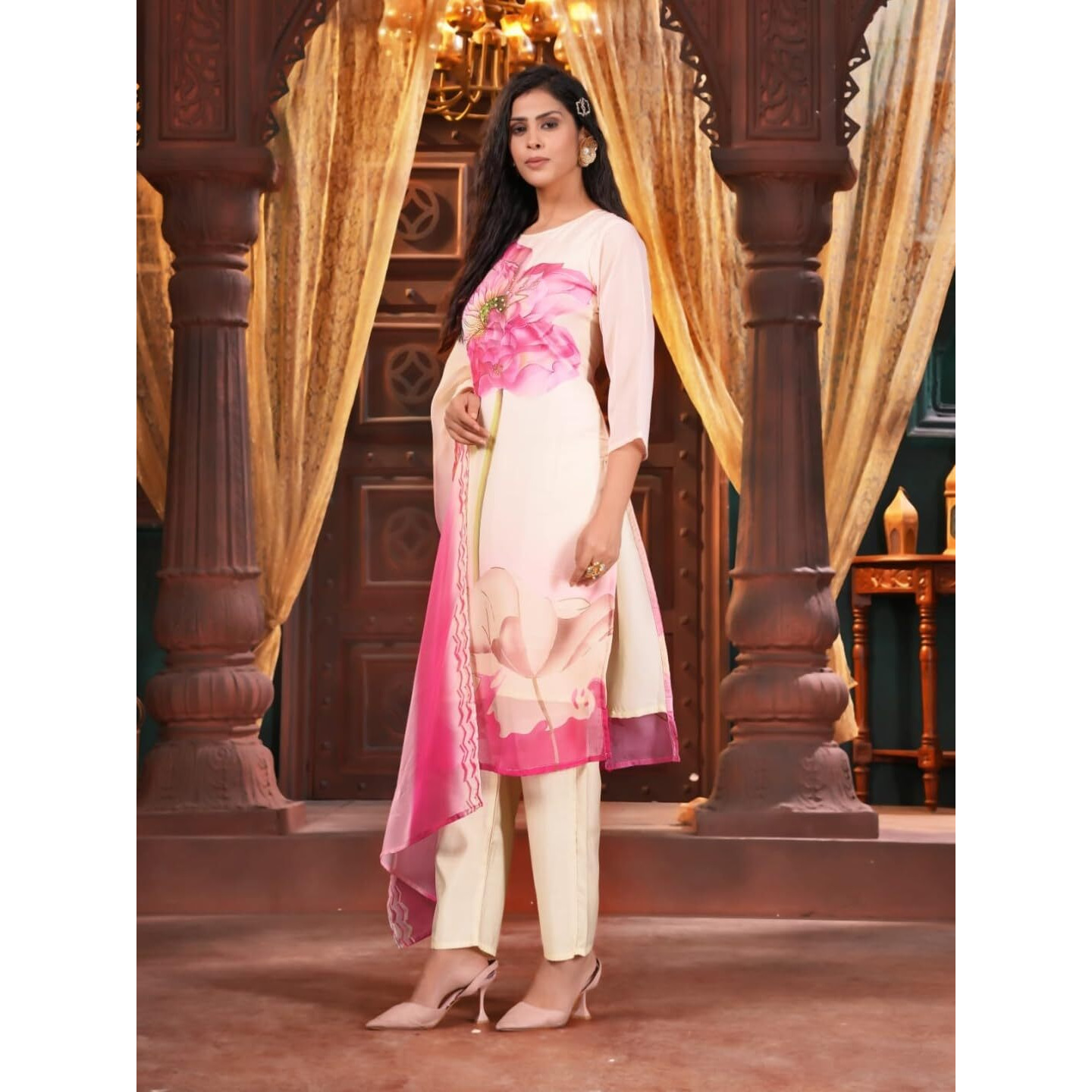 Naixa Women's Chiku Taby Printed Straight Kurta with Chanderi Pant and Taby Printed Dupatta Sets (NX-SC-Naomika-Chiku-XXL)