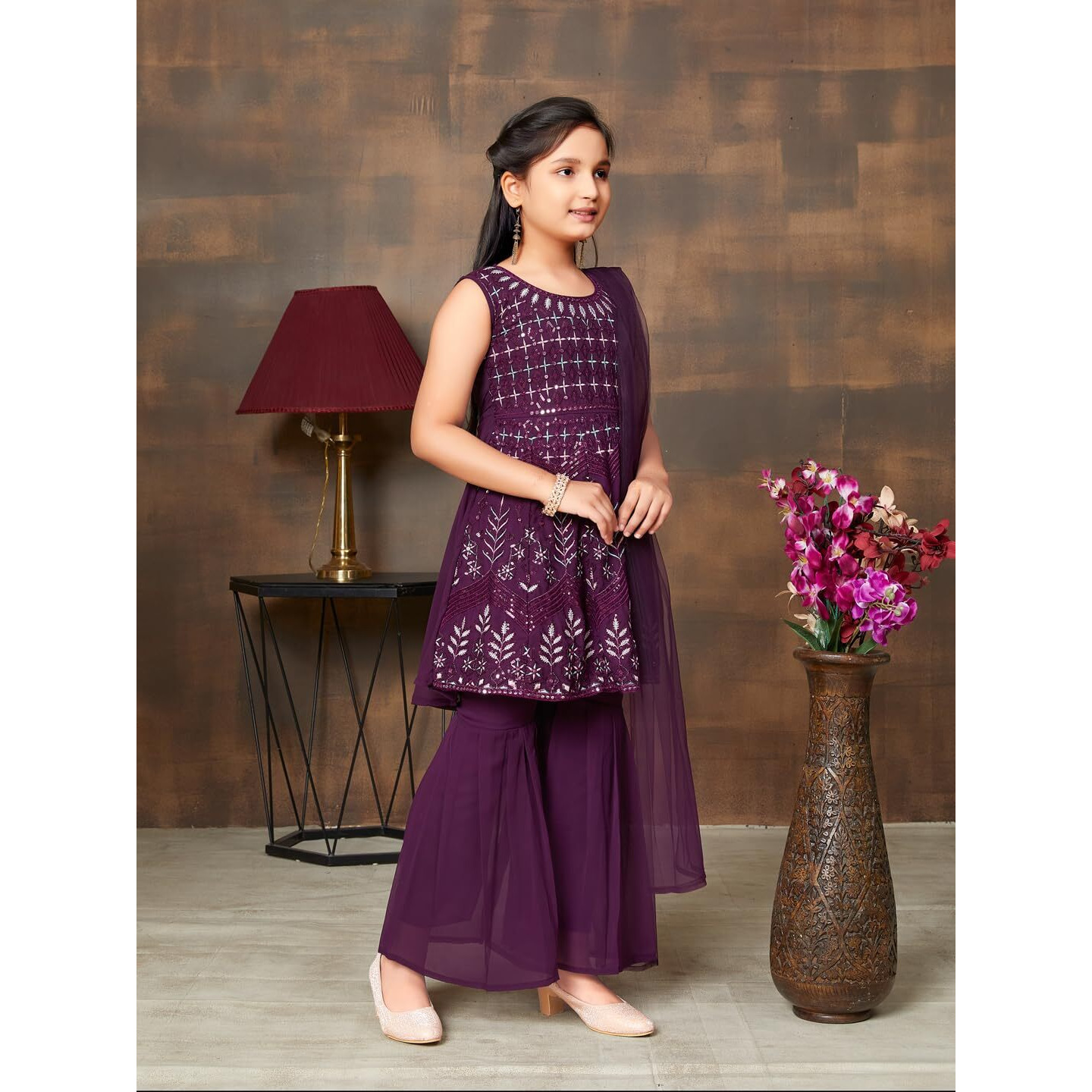 Aarika Girls Ethnic Wear Purple Colour Sequin Embroidery Georgette Kurti Sharara Set (4-10 Years)