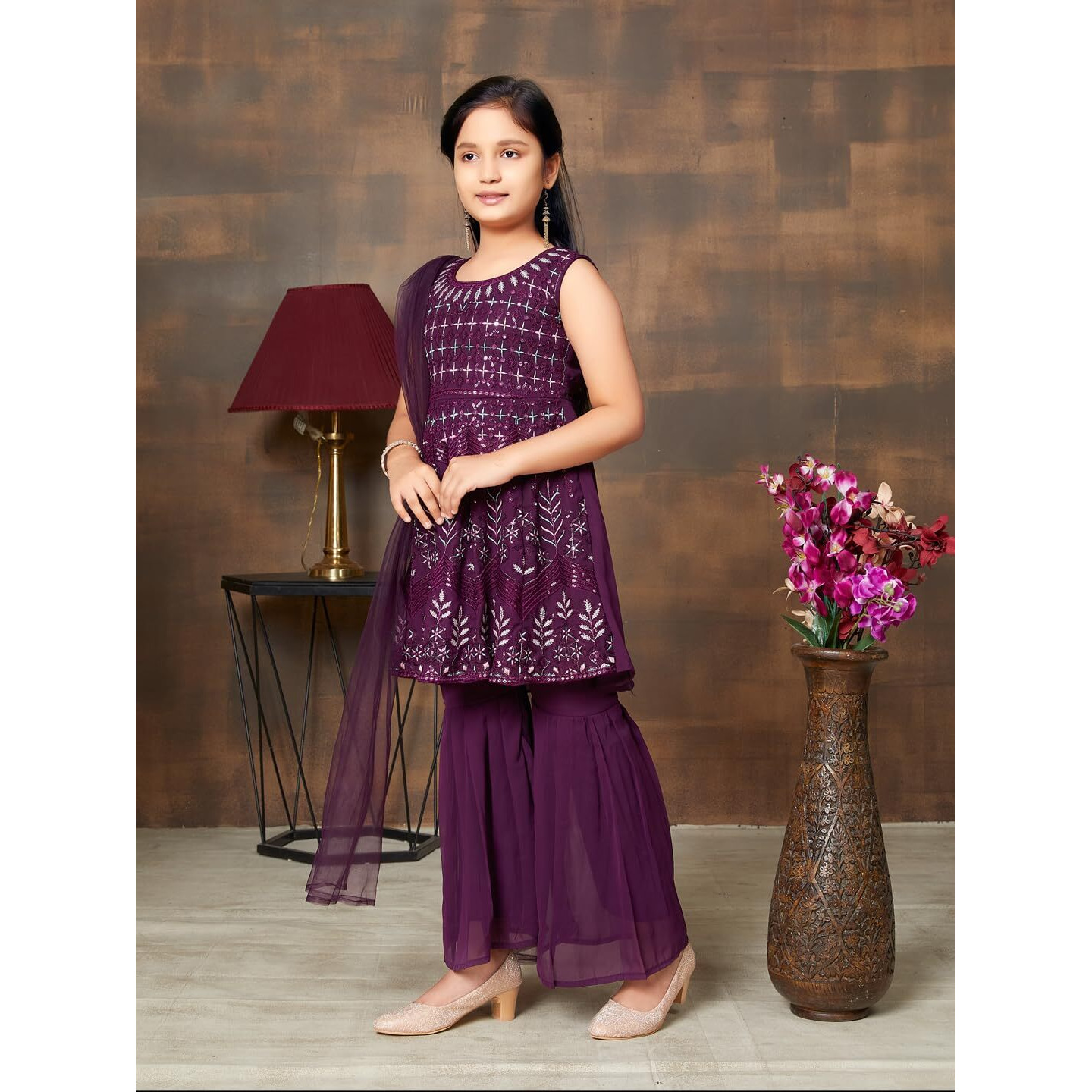 Aarika Girls Ethnic Wear Purple Colour Sequin Embroidery Georgette Kurti Sharara Set (4-10 Years)
