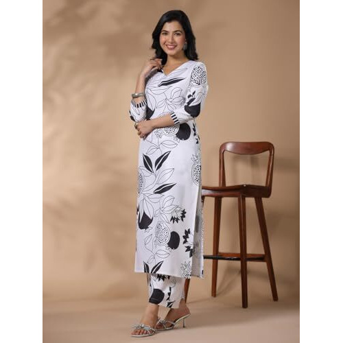ANNI DESIGNER Women's Rayon Blend Straight Printed Kurta with Palazzo (ANAAR-BEIGE-FV_XXL_White_XX-Large)