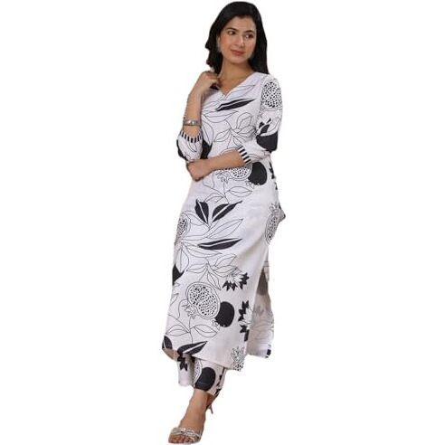 ANNI DESIGNER Women's Rayon Blend Straight Printed Kurta with Palazzo (ANAAR-Beige-FV_S_White_Small) White