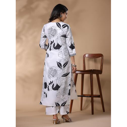 ANNI DESIGNER Women's Rayon Blend Straight Printed Kurta with Palazzo (ANAAR-Beige-FV_S_White_Small) White