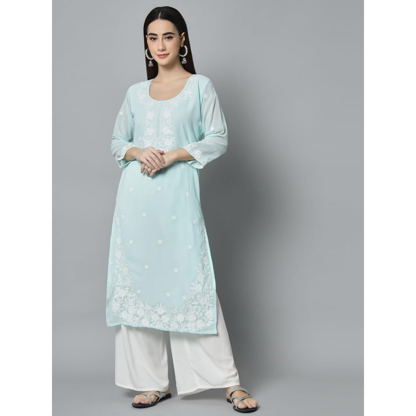 Ekasya Women's Georgette Straight Cut Round Neck Kurta with Beautiful Floral Lucknowi Work (E1542) Sky