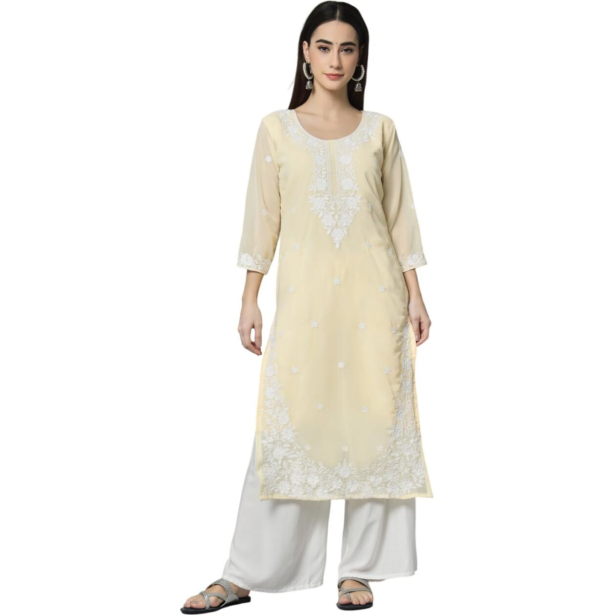 Ekasya Women's Georgette Straight Cut Round Neck Kurta with Beautiful Floral Lucknowi Work (E1542) Yellow