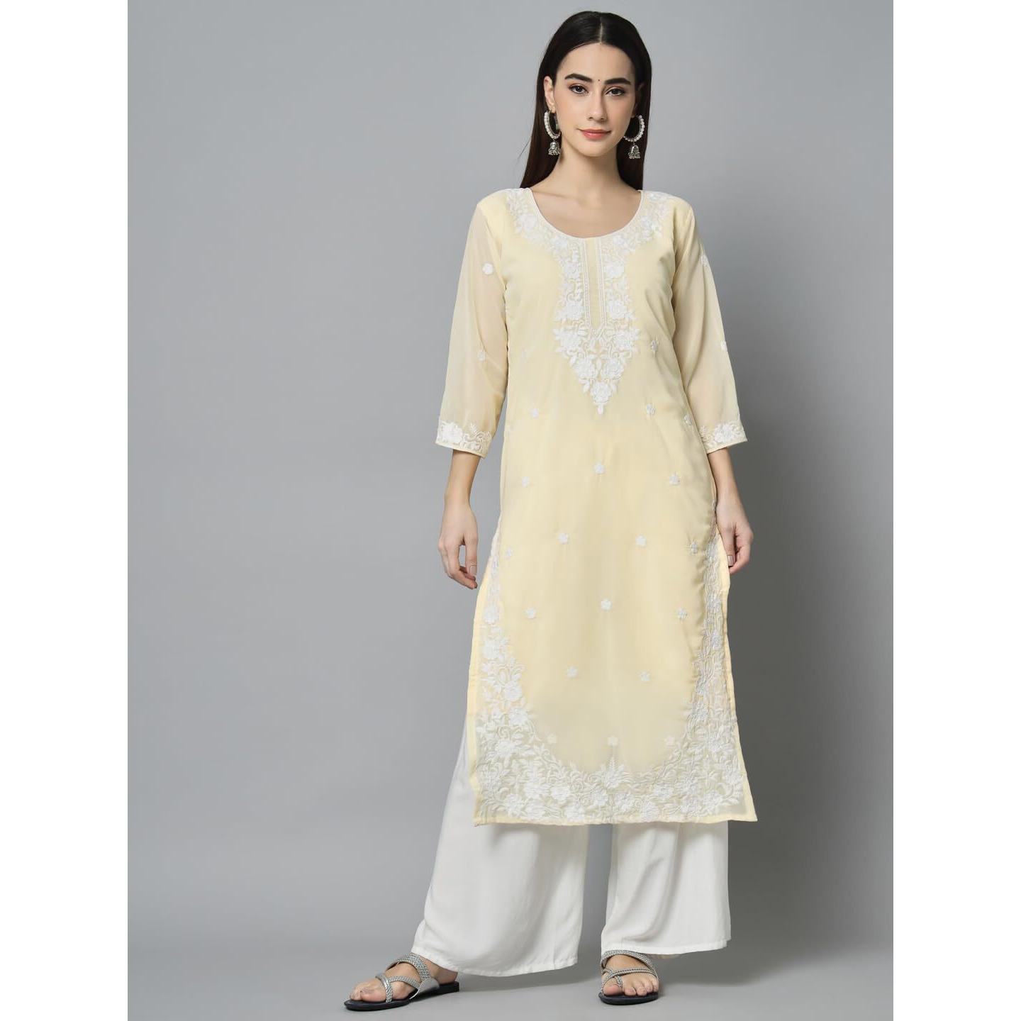 Ekasya Women's Georgette Straight Cut Round Neck Kurta with Beautiful Floral Lucknowi Work (E1542) Yellow