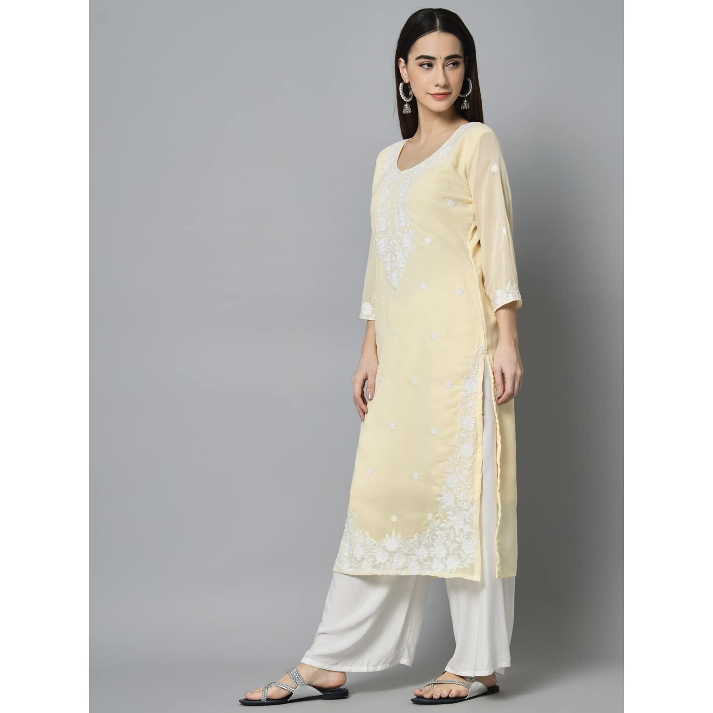 Ekasya Women's Georgette Straight Cut Round Neck Kurta with Beautiful Floral Lucknowi Work (E1542) Yellow