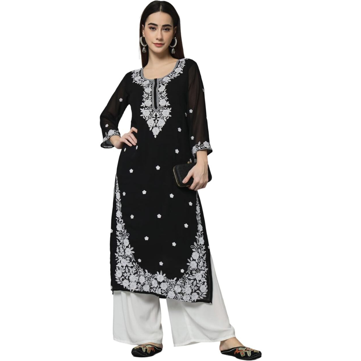 Ekasya Women's Georgette Straight Cut Round Neck Kurta with Beautiful Floral Lucknowi Work (E1542) Black