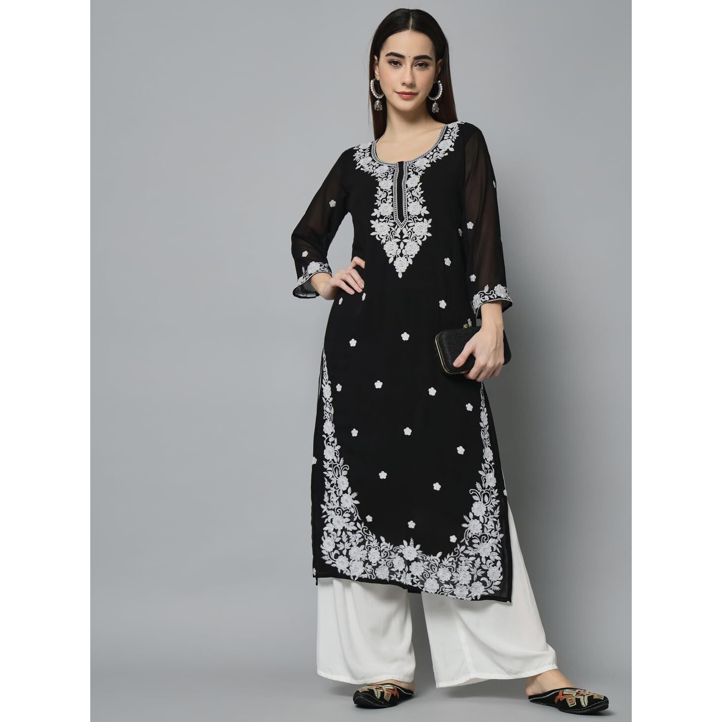 Ekasya Women's Georgette Straight Cut Round Neck Kurta with Beautiful Floral Lucknowi Work (E1542) Black