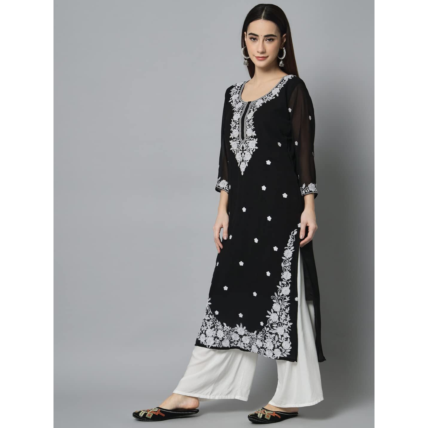 Ekasya Women's Georgette Straight Cut Round Neck Kurta with Beautiful Floral Lucknowi Work (E1542) Black