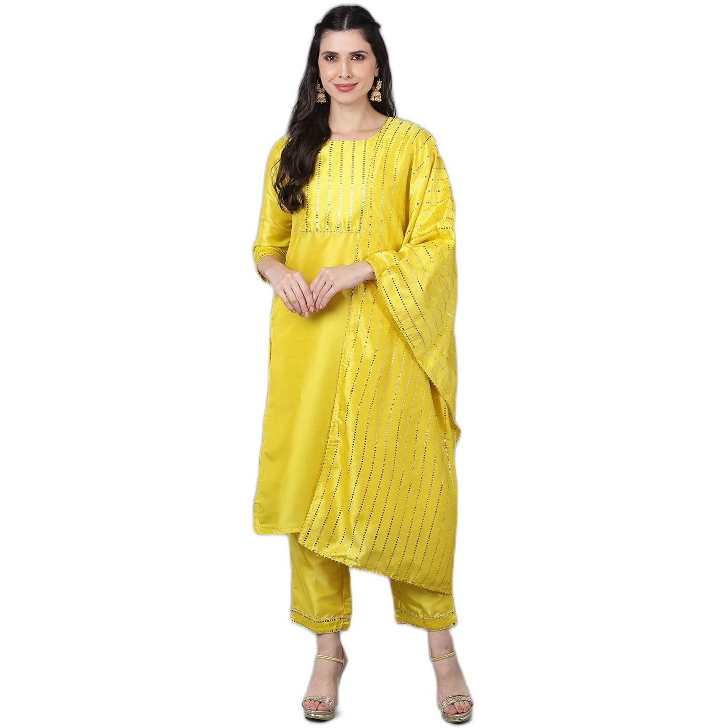 Vaamsi Women's Chanderi Embellished Solid Straight Kurta Pant With Dupatta (PKSKD1086_Yellow_XS)