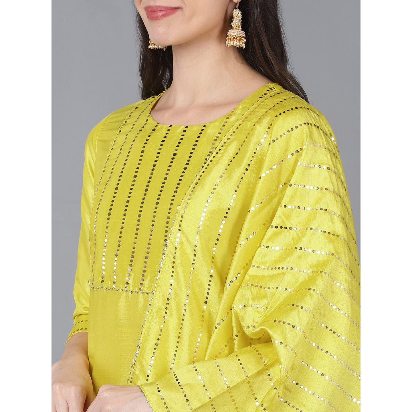 Vaamsi Women's Chanderi Embellished Solid Straight Kurta Pant With Dupatta (PKSKD1086_Yellow_XS)