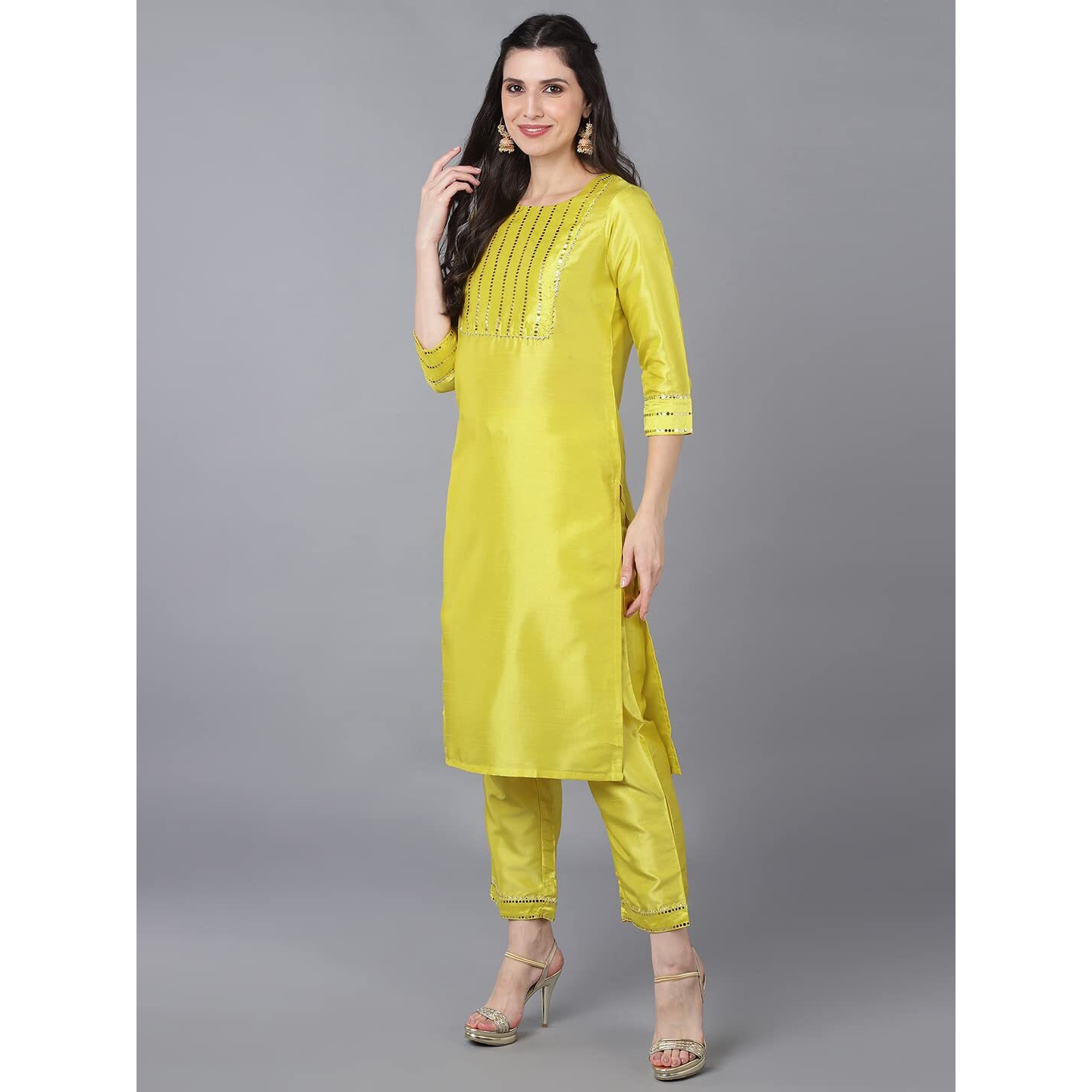 Vaamsi Women's Chanderi Embellished Solid Straight Kurta Pant With Dupatta (PKSKD1086_Yellow_XS)