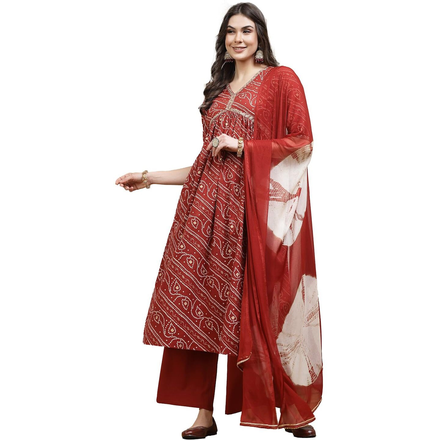 Stylum Women's Bandhej Printed Rayon Naira Cut Kurta Palazzo Dupatta Set (KPDRUSTCHARLI40_Rust, L)