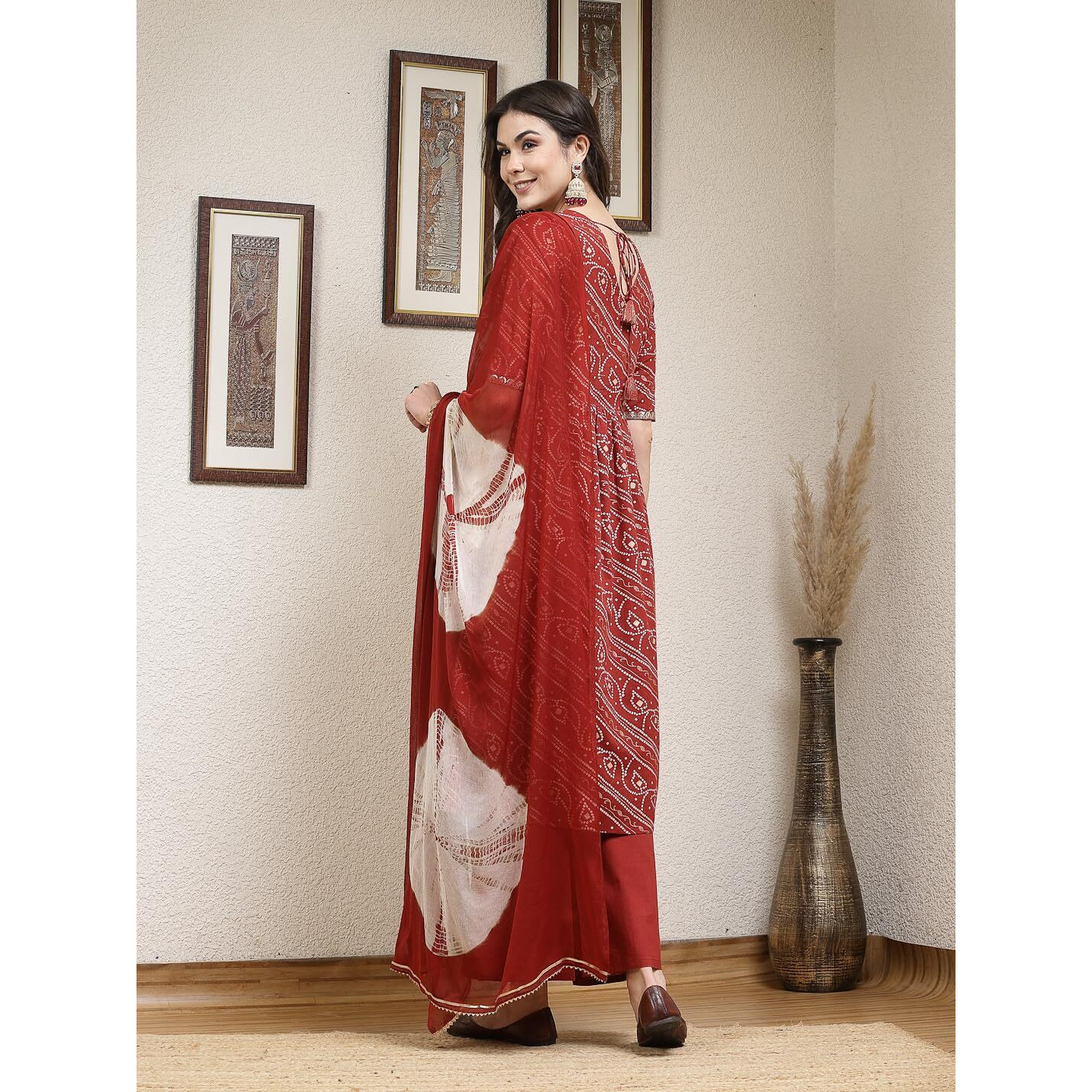 Stylum Women's Bandhej Printed Rayon Naira Cut Kurta Palazzo Dupatta Set (KPDRUSTCHARLI40_Rust, L)