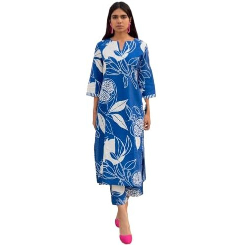 ANNI DESIGNER Women's Rayon Blend Straight Printed Kurta with Pant (ANAAR-Blue_S_Blue_Small)