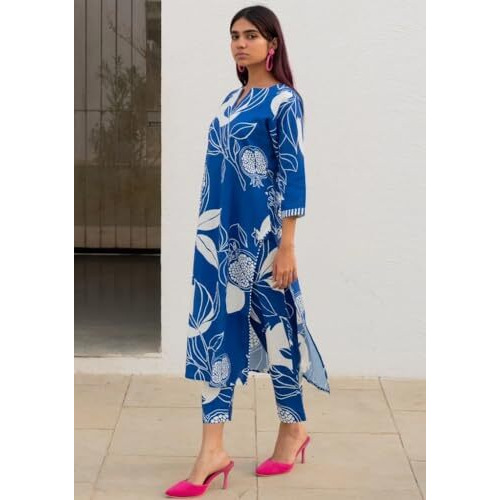 ANNI DESIGNER Women's Rayon Blend Straight Printed Kurta with Pant (ANAAR-Blue_S_Blue_Small)