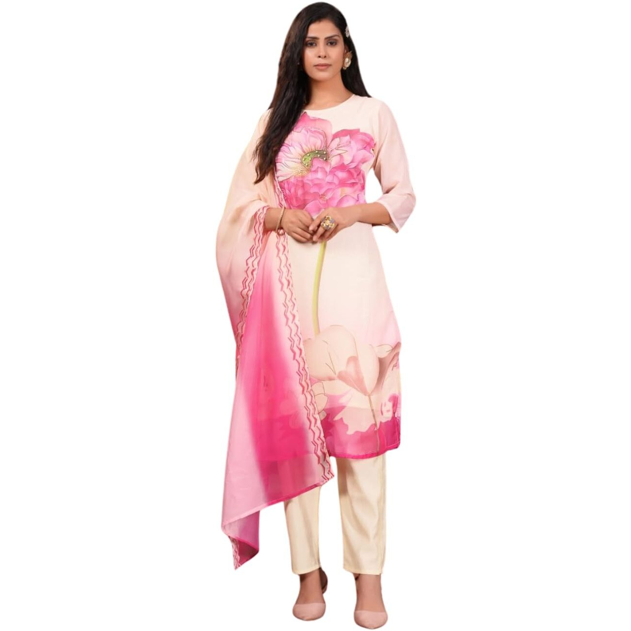 Naixa Women's Chiku Taby Printed Straight Kurta with Chanderi Pant and Taby Printed Dupatta Sets (NX-SC-Naomika-Chiku-S)