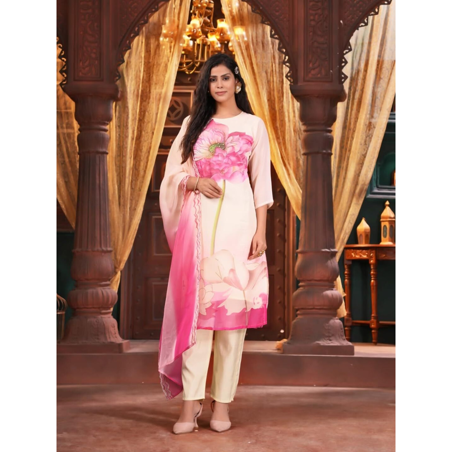 Naixa Women's Chiku Taby Printed Straight Kurta with Chanderi Pant and Taby Printed Dupatta Sets (NX-SC-Naomika-Chiku-S)