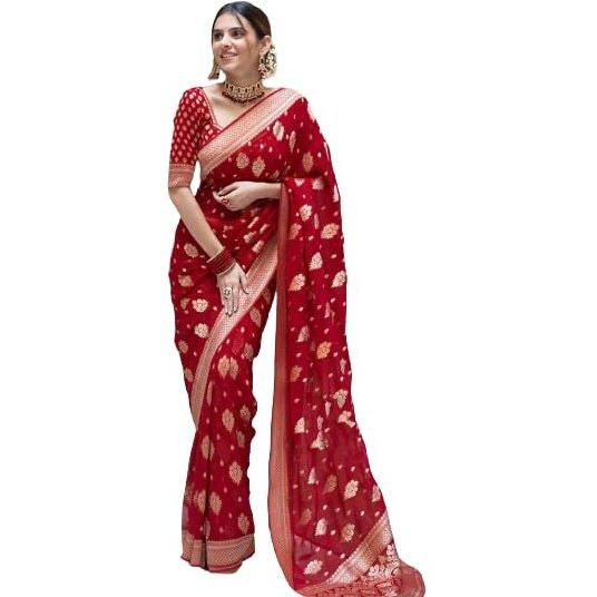 Anjaneya Sarees Woven Banarasi Silk Designer Solid Saree (Red)