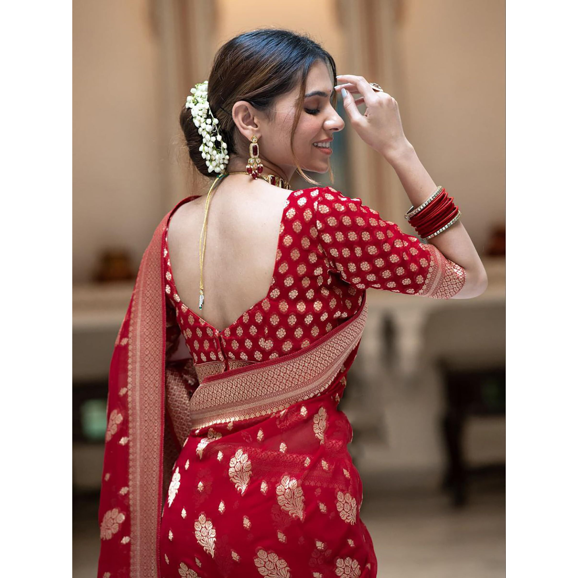 Anjaneya Sarees Woven Banarasi Silk Designer Solid Saree (Red)