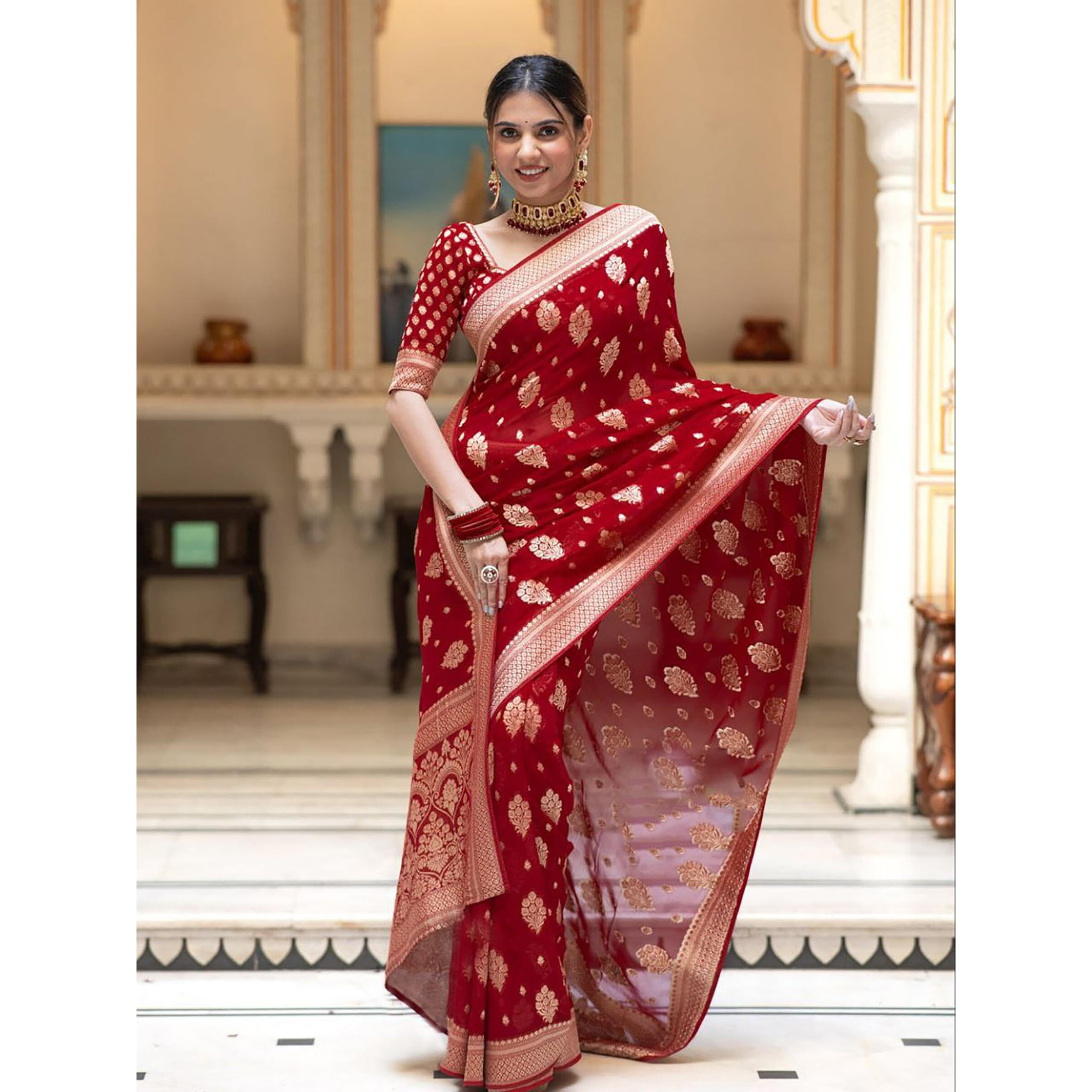 Anjaneya Sarees Woven Banarasi Silk Designer Solid Saree (Red)