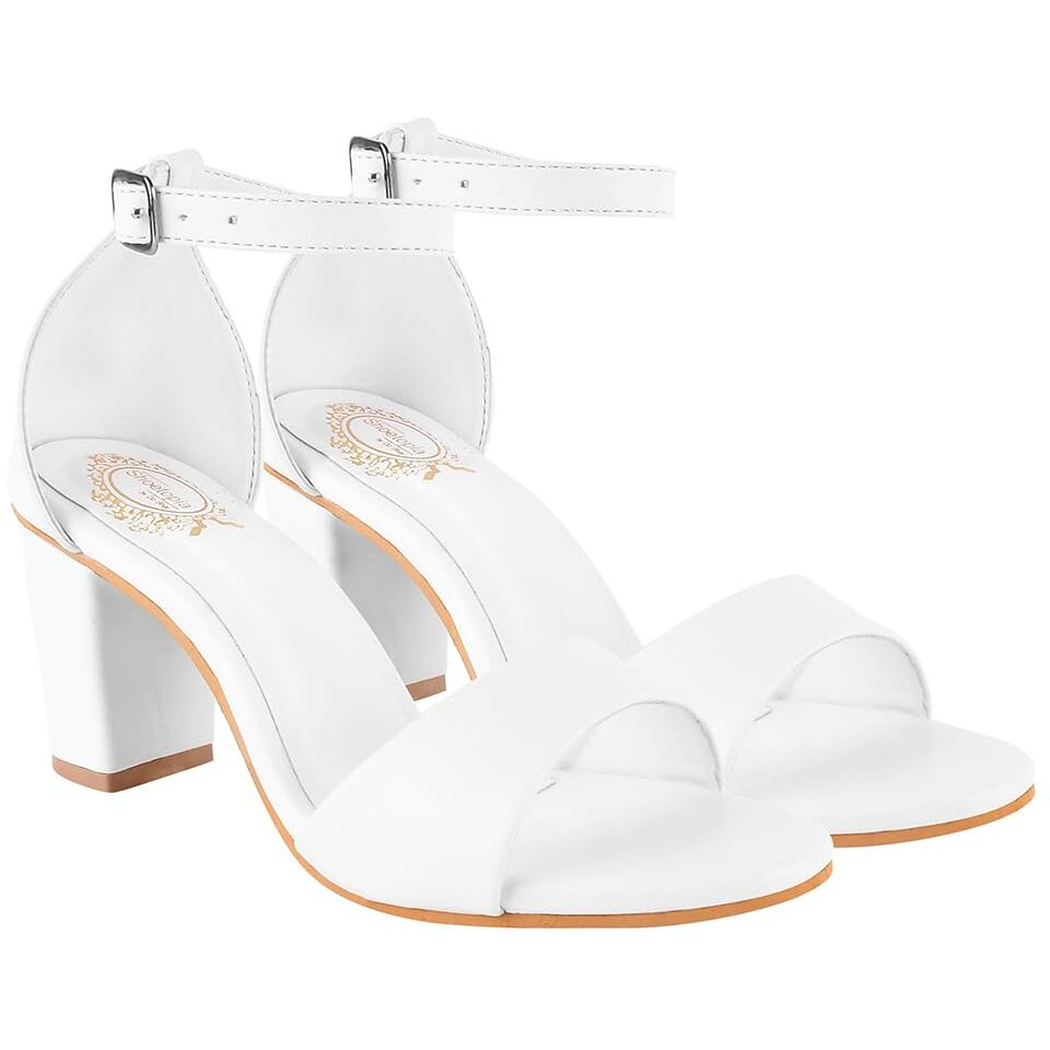 Shoetopia Stylish Ankle Strap White Block Heeled Sandals For Women & Girls