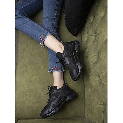 Shoetopia Women's Block Heel Sneakers Black (8 UK)