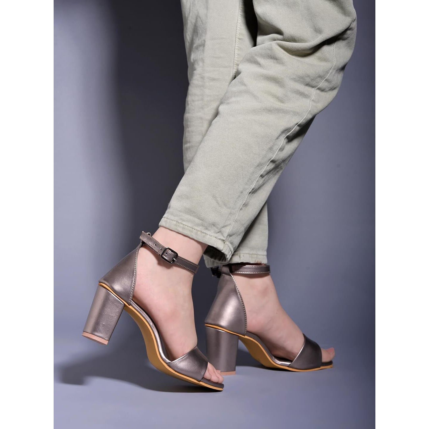 Shoetopia Stylish Ankle Strap Grey Block Heeled Sandals For Women & Girls /UK4