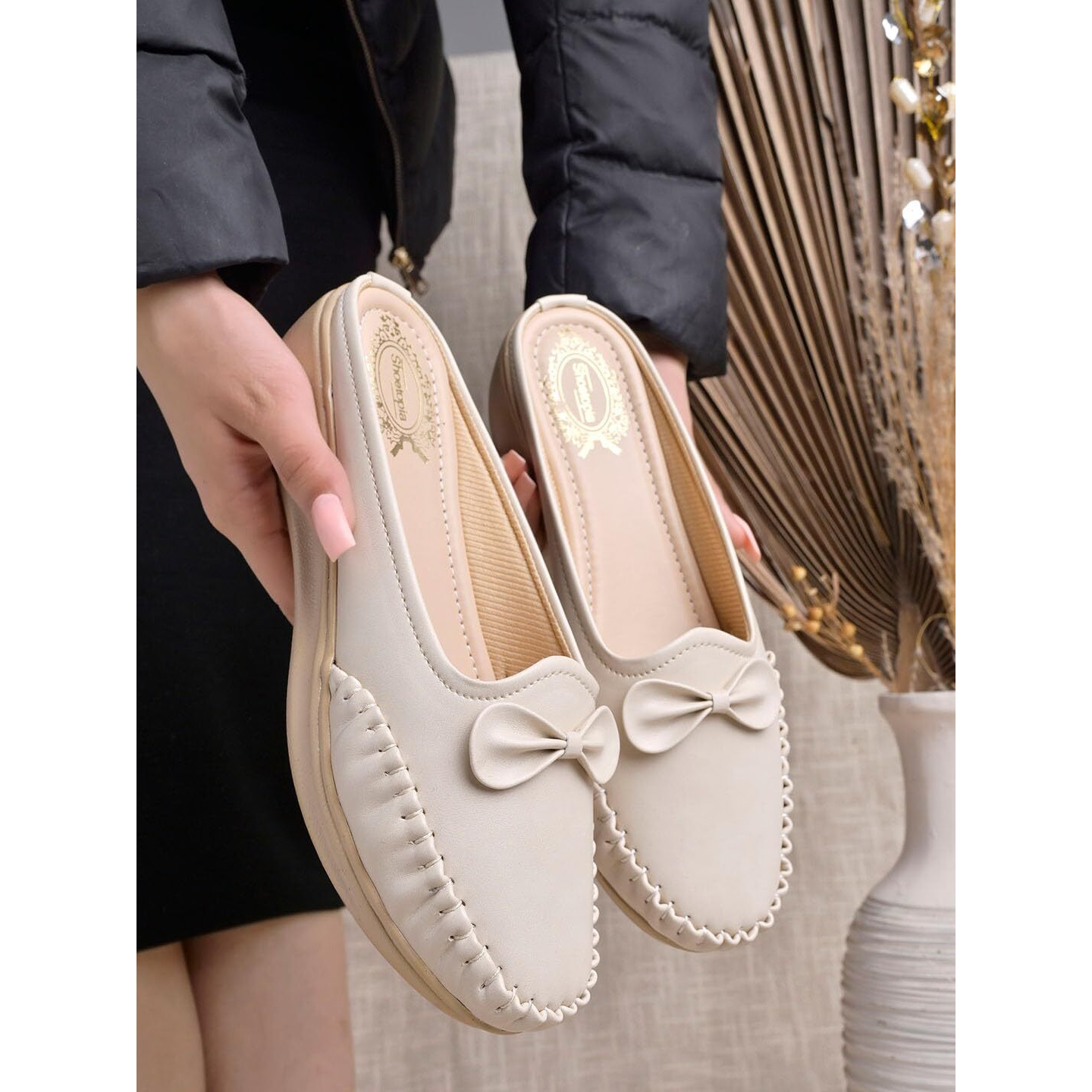 Shoetopia Stylish Comfortable Upper Bow Detailed Cream Slip-On Loafers for Girls-EU36