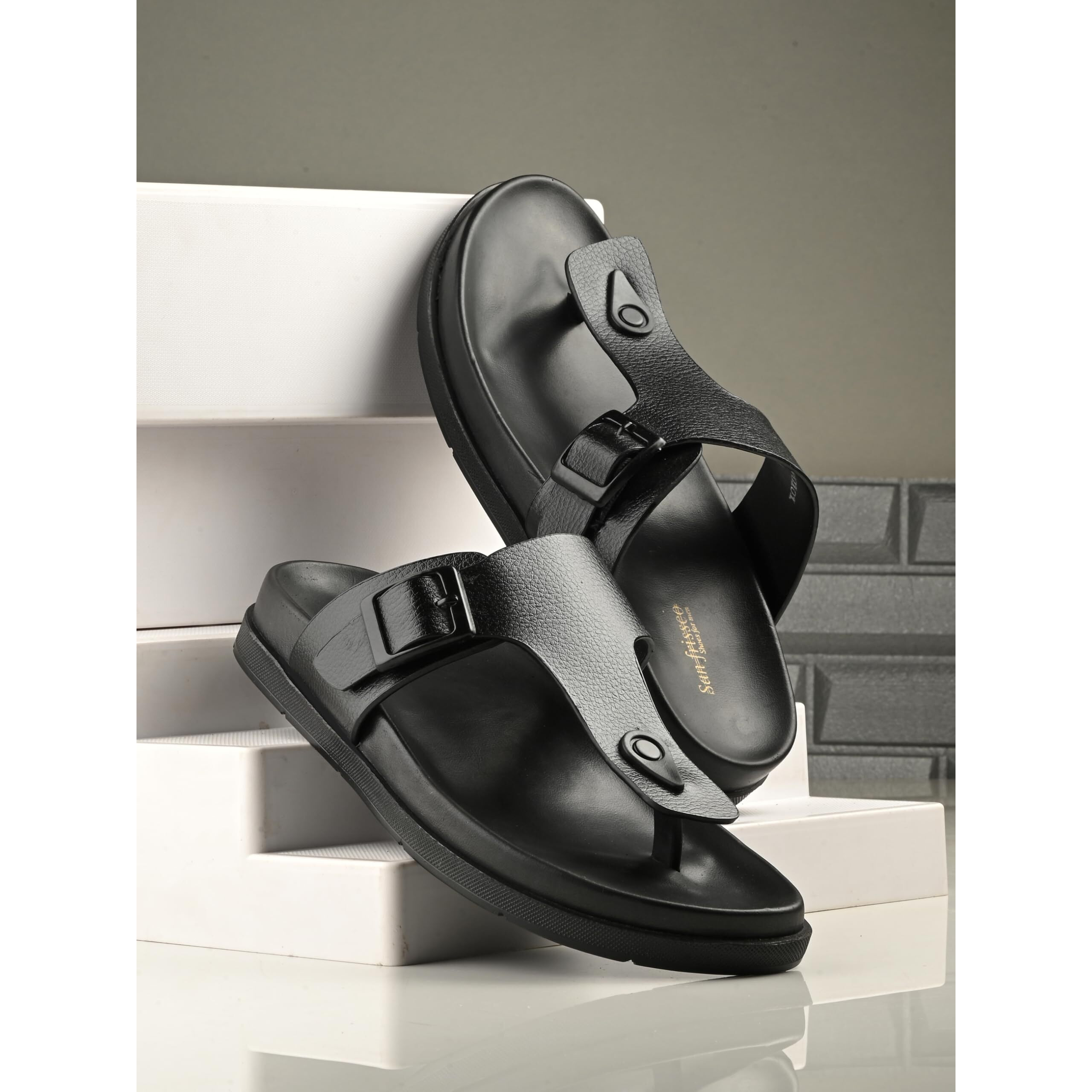 San Frissco Men's Sandals with Open Toe Strap/Perfect Fit for Summer and Rainy Season Easy to Walk Slipper, Chappal/Stylish Casual Trendy Floaters - 10 (Black)