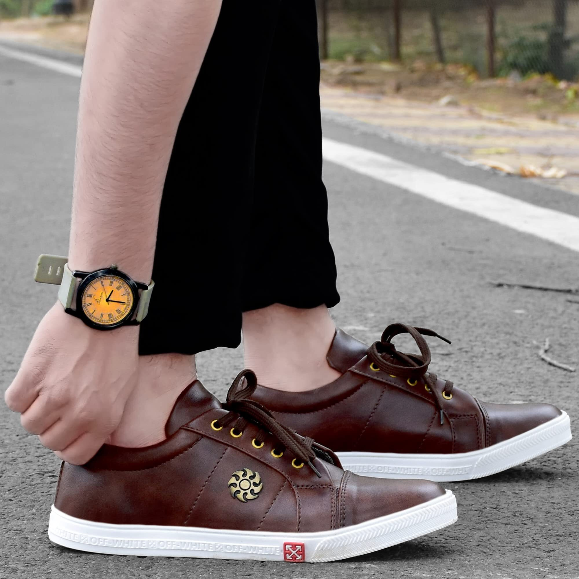 LE GREEM Men's Brown Synthetic Lace-Ups Sneakers 6