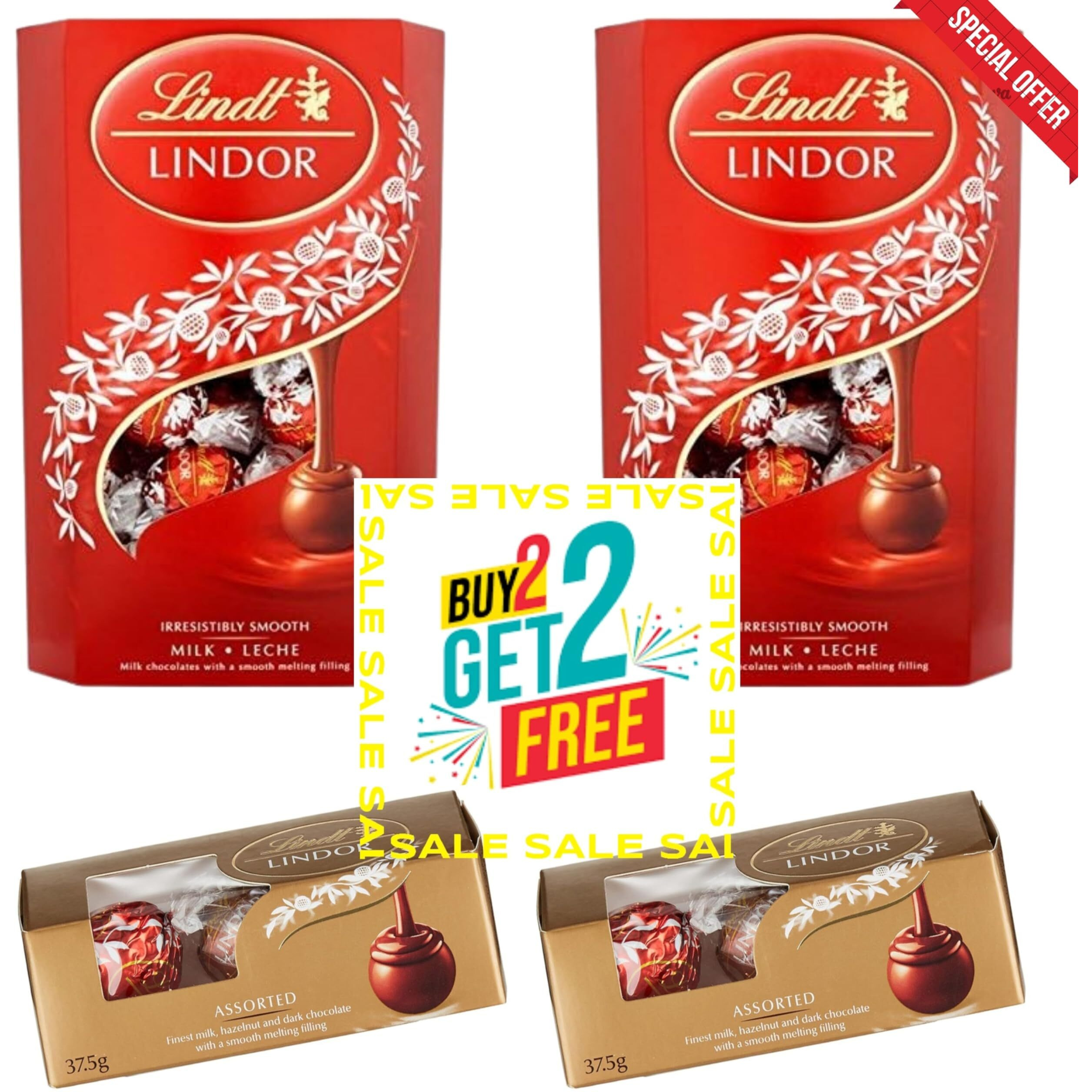 Lindt Lindor Milk Chocolates Box 137G Gift - Pack Of 2 Get Two Trio Assorted 37.5 G Free Special Gifts For Holi - 1000 Gm