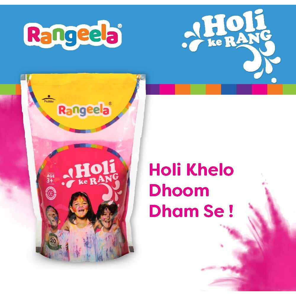 Pidilite Rangeela Holi Ke Rang  Floro Pink, Non-Toxic Colour, Soft And Smooth On Skin, Washable, Easy To Remove, Pleasant Fragrance, Trusted Brand, Safe For Children, 500g Pouch Pack