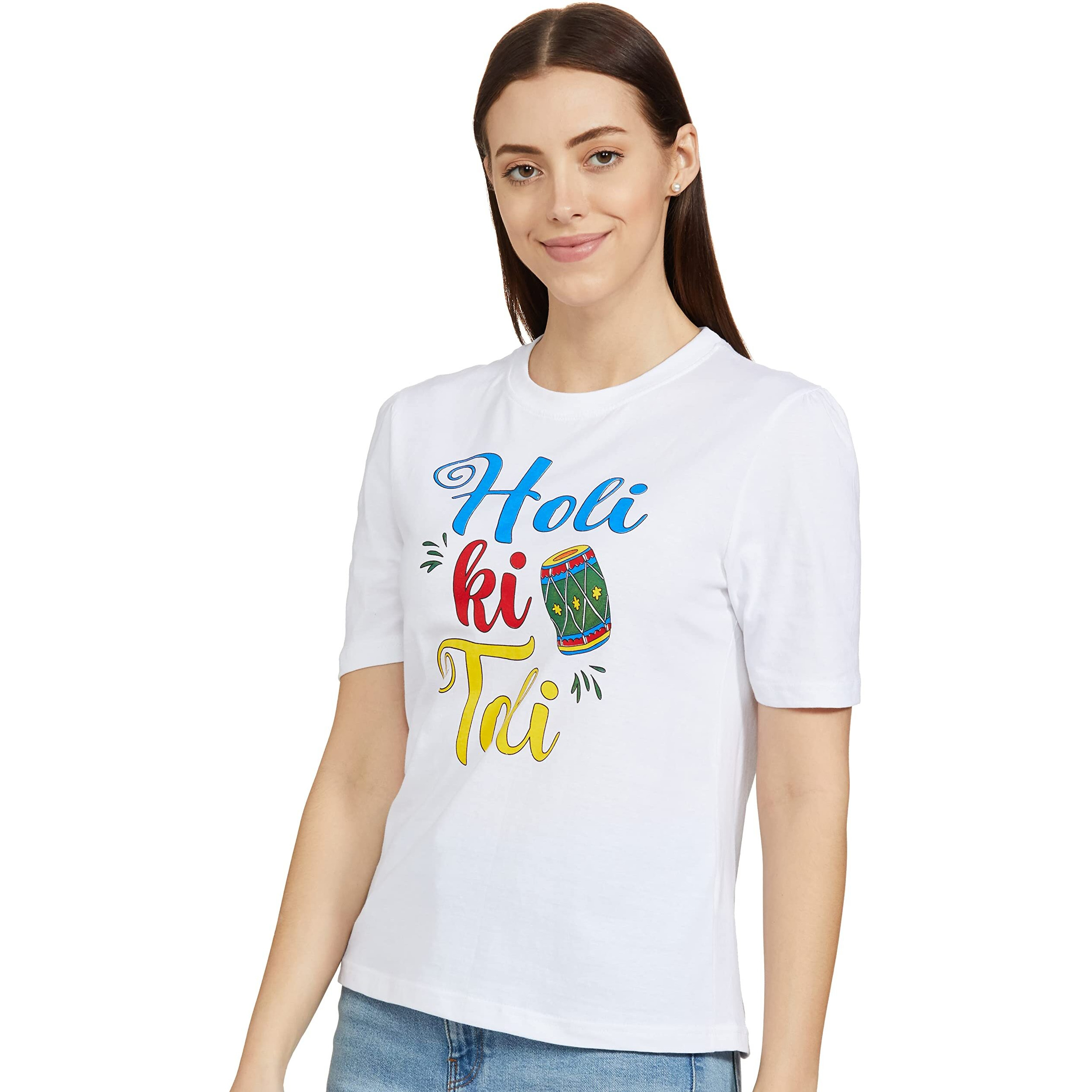 Clotth Theory Colourful Happy Holi Festival Half Sleeve Round Neck T-Shirt for Family Women