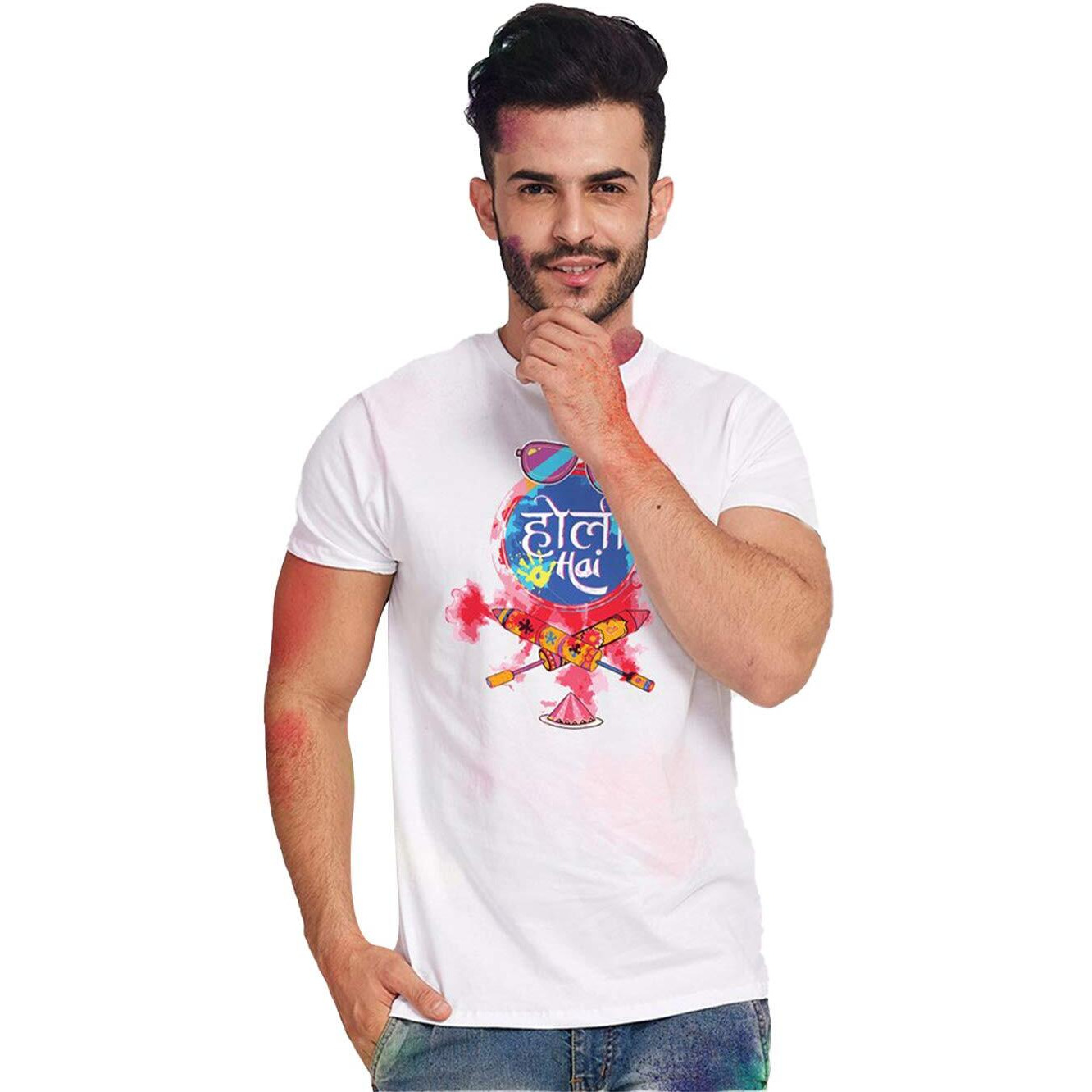 Bon Organik Couple Holi Hai Regular Fit, Multicolour T-Shirt (Coupleholibon1216_Mens M)