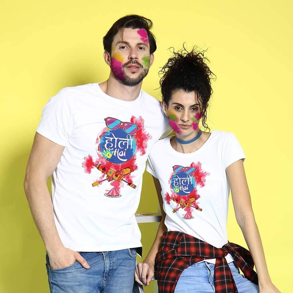 Bon Organik Couple Holi Hai Regular Fit, Multicolour T-Shirt (Coupleholibon1216_Mens M)
