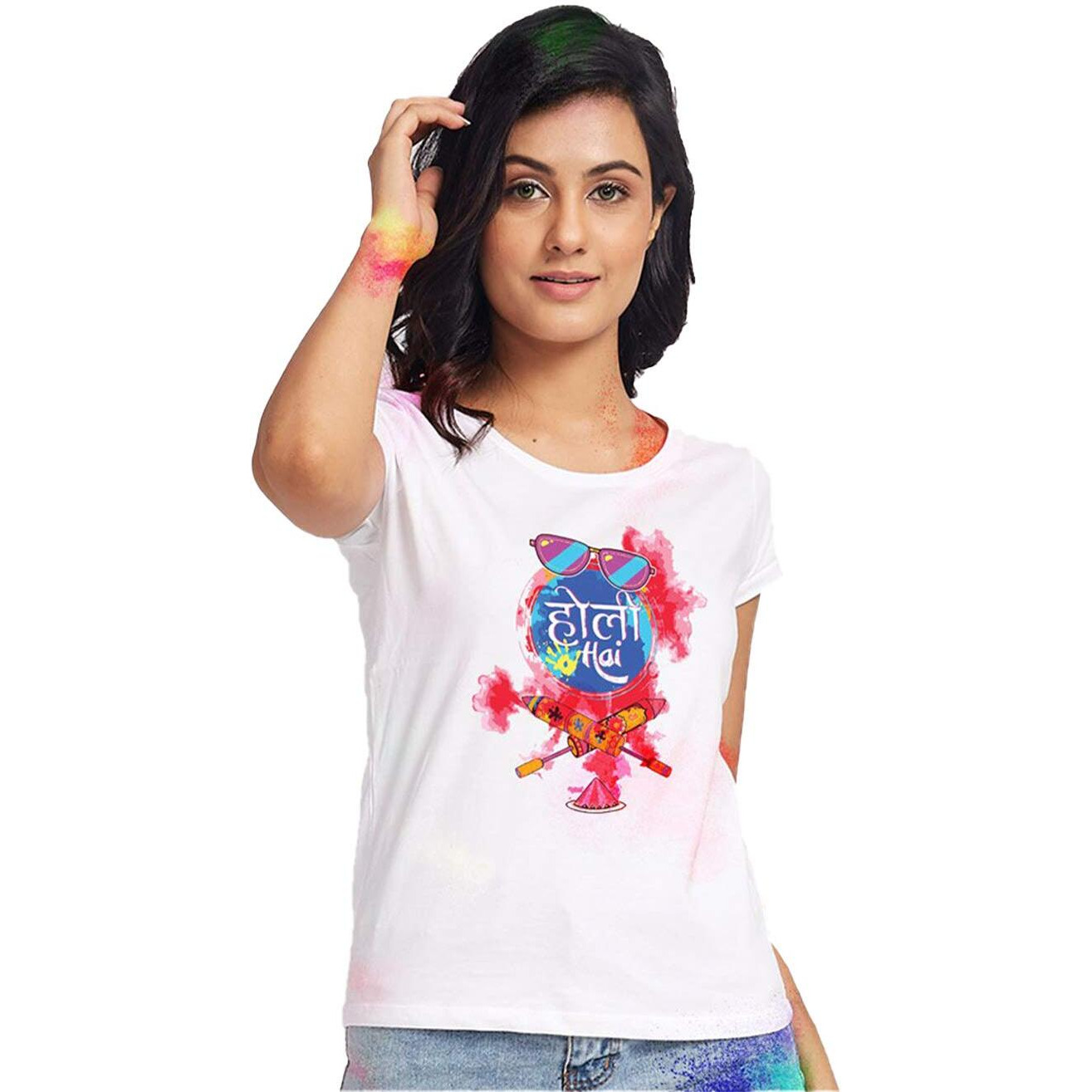 Bon Organik Couple Holi Hai Regular Fit T-Shirt (Coupleholibon1216_Womens Xl), White