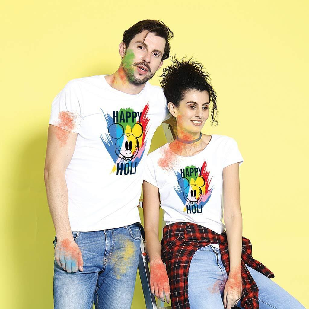 Bon Organik Couple Happy Holi Disney T-Shirt (COUPLEHOLIDBON4296_Mens M)