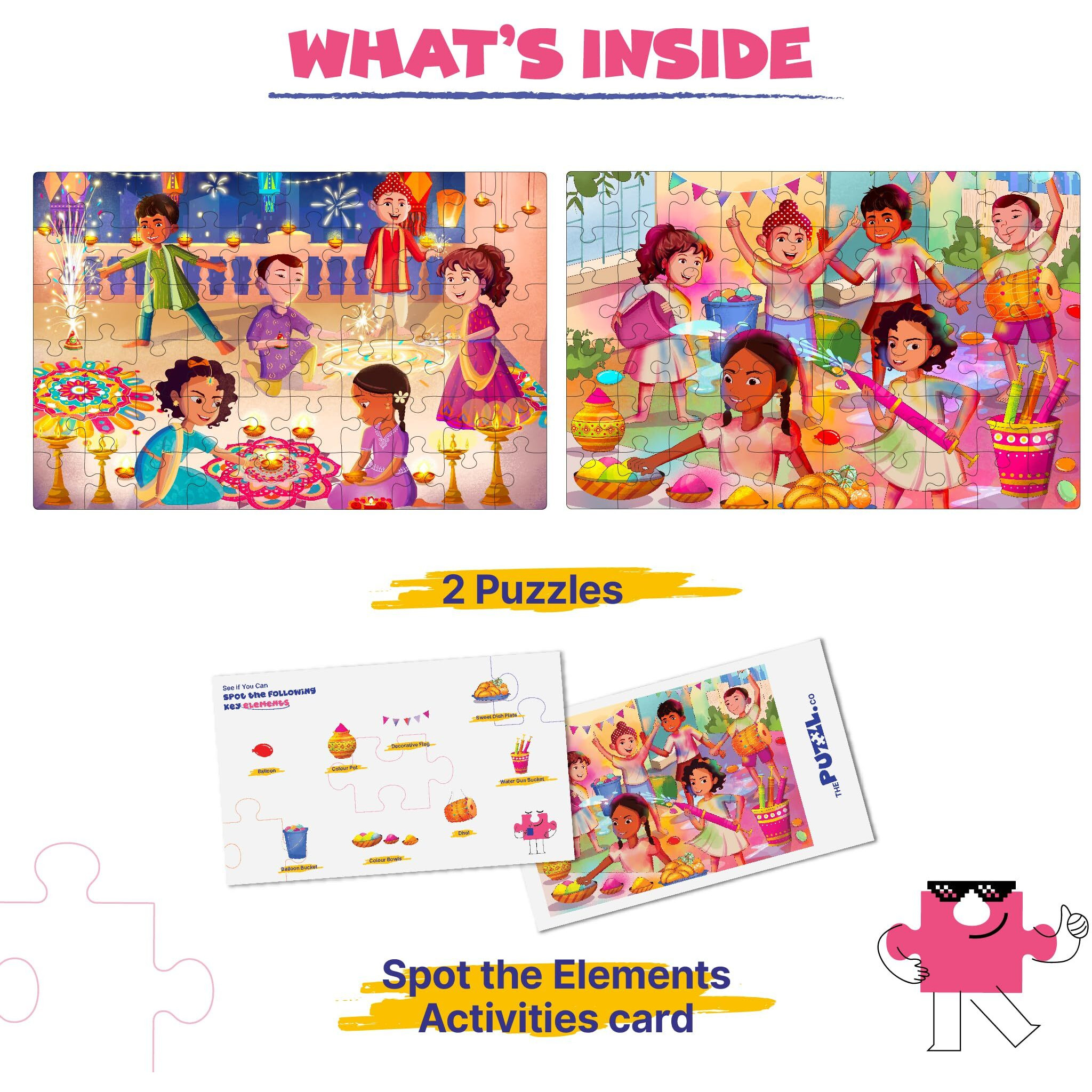 The Puzzl Co - Set of 2 Festive Theme Jigsaw Puzzles for Kids Age 5+ Years | Diwali & Holi | 60 Pcs Each | Includes Activity Sheets | Educational, Fun and Challenging Game | Unique Gift