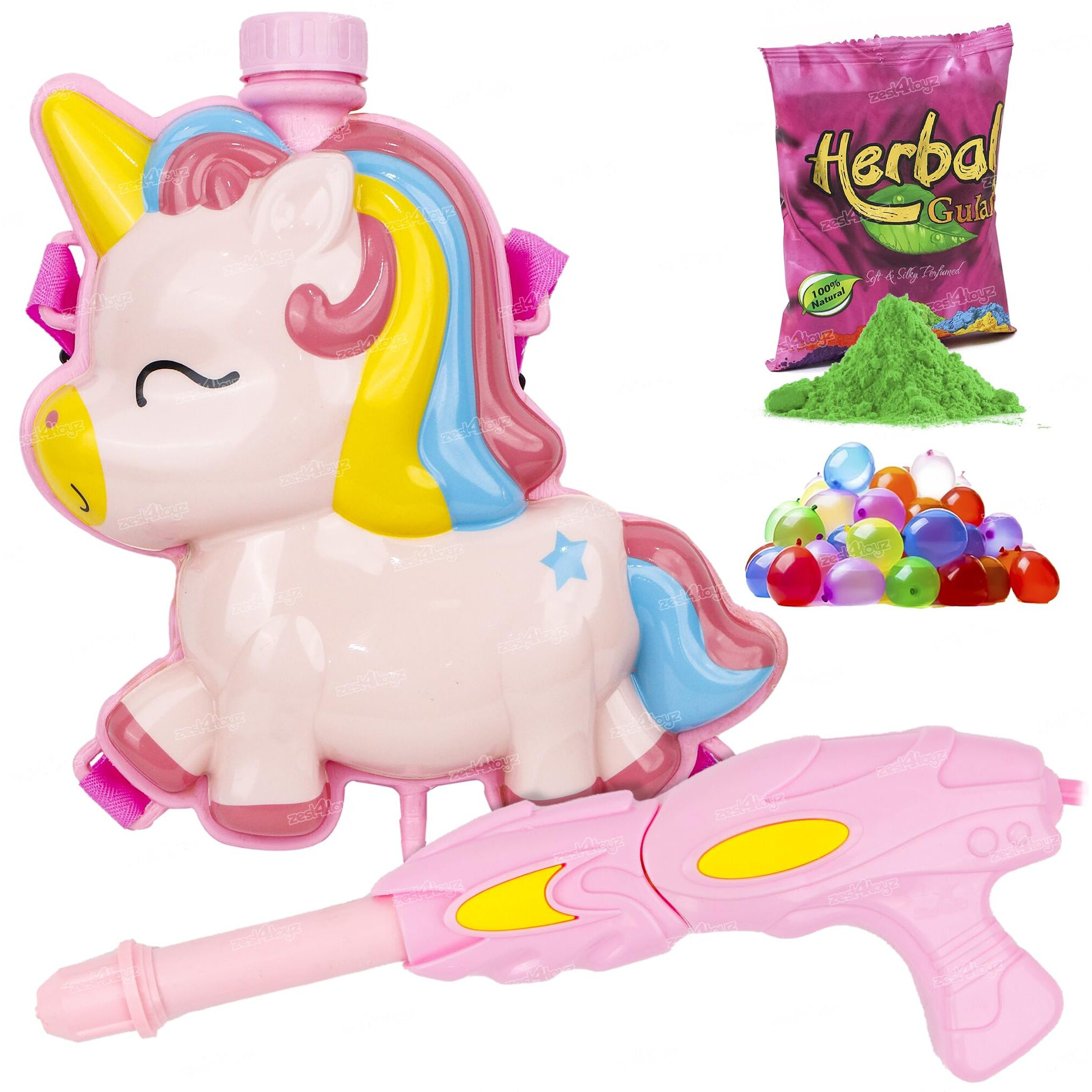 Zest 4 Toyz Holi Pichkari Water Gun for Kids High Pressure Unicorn Backpack Tank with Holi Combo 100 Balloons and 1 Pkt Holi Color - Boys and Girls(Pink)