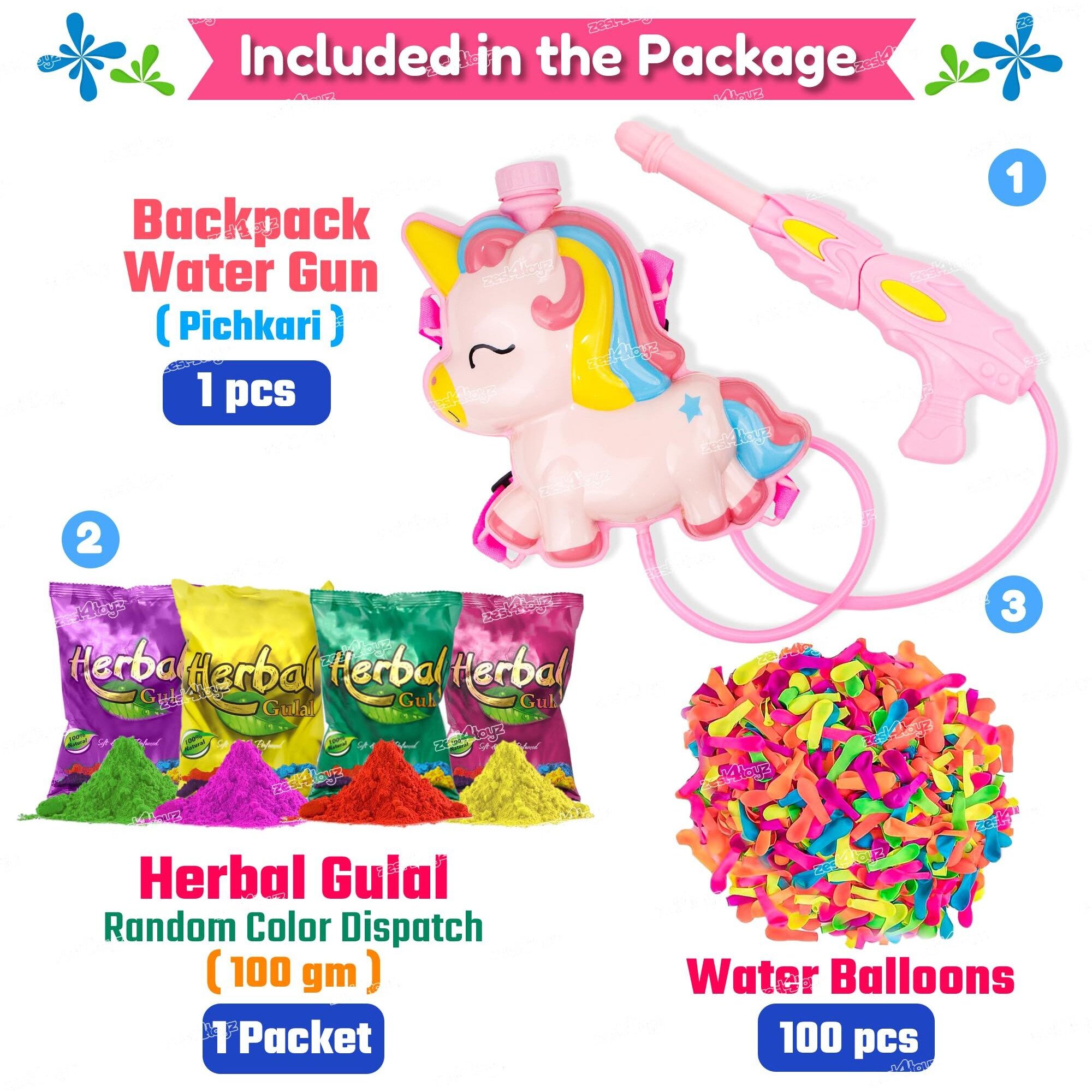 Zest 4 Toyz Holi Pichkari Water Gun for Kids High Pressure Unicorn Backpack Tank with Holi Combo 100 Balloons and 1 Pkt Holi Color - Boys and Girls(Pink)