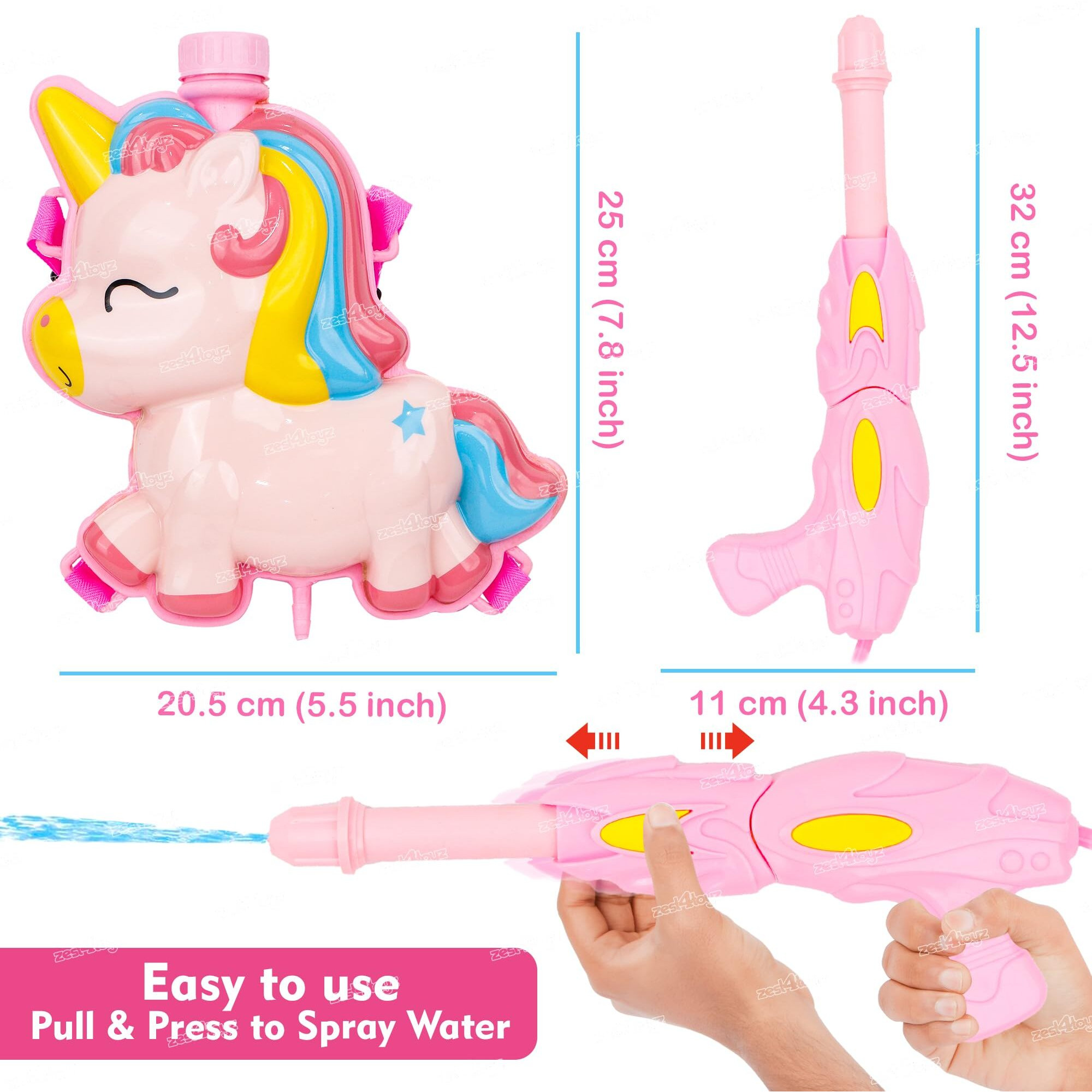 Zest 4 Toyz Holi Pichkari Water Gun for Kids High Pressure Unicorn Backpack Tank with Holi Combo 100 Balloons and 1 Pkt Holi Color - Boys and Girls(Pink)
