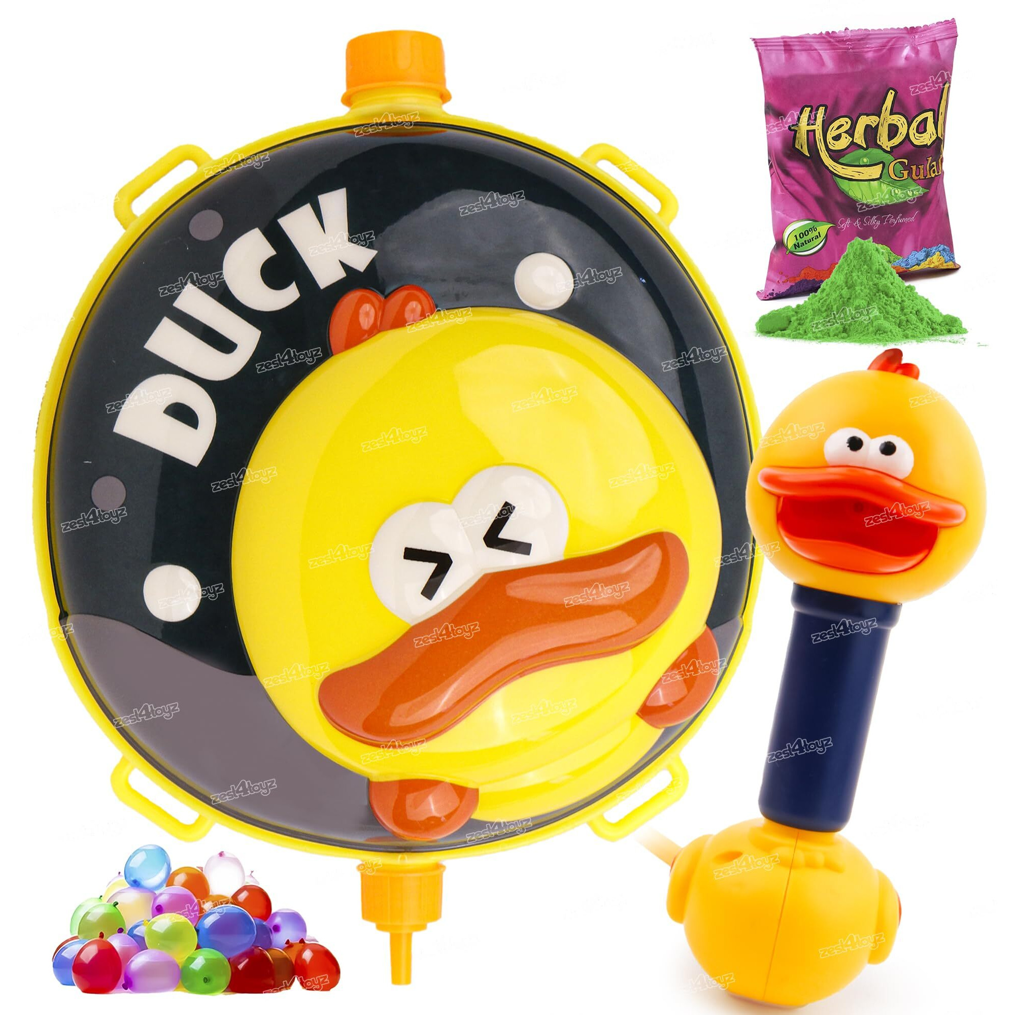 Zest 4 Toyz Holi Water Pichkari for Kids Holi Duck Backpack Water Tank with 1 Pkt Herbal Gulal and 100 Water Balloons for Holi Celebration- Boys & Girls